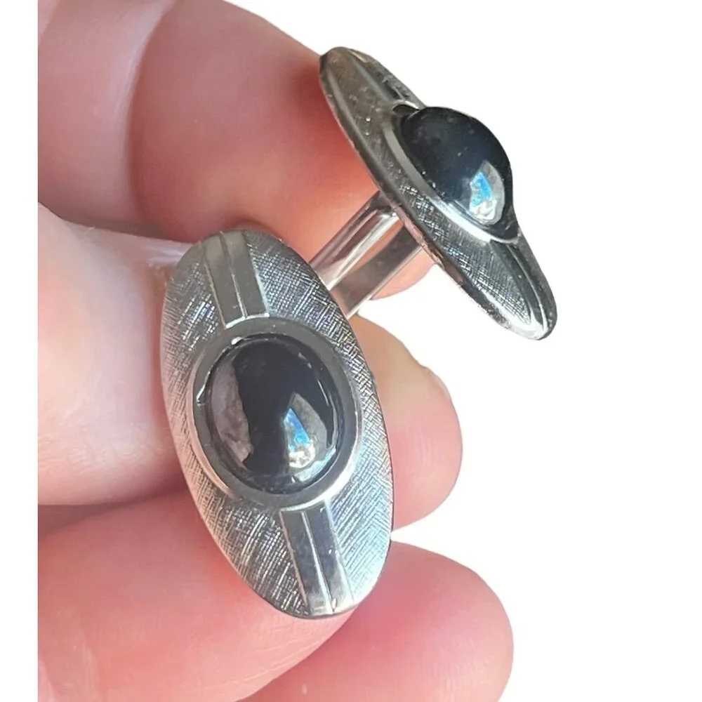 Swank Midcentury Modern Silvertone Cufflinks With Black Stone 1